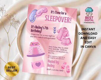 Uitnodiging slaapfeestje, sleepover uitnodigen, sleepover verjaardagsfeestje, sleepover meisje, digitale download, Instant Download, bewerkbaar