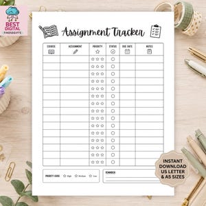 May include: A white assignment tracker sheet with black text and icons. The table includes columns for course, assignment, priority with star icons, status with circles, due date, and notes. It features a priority guide and a reminder section.