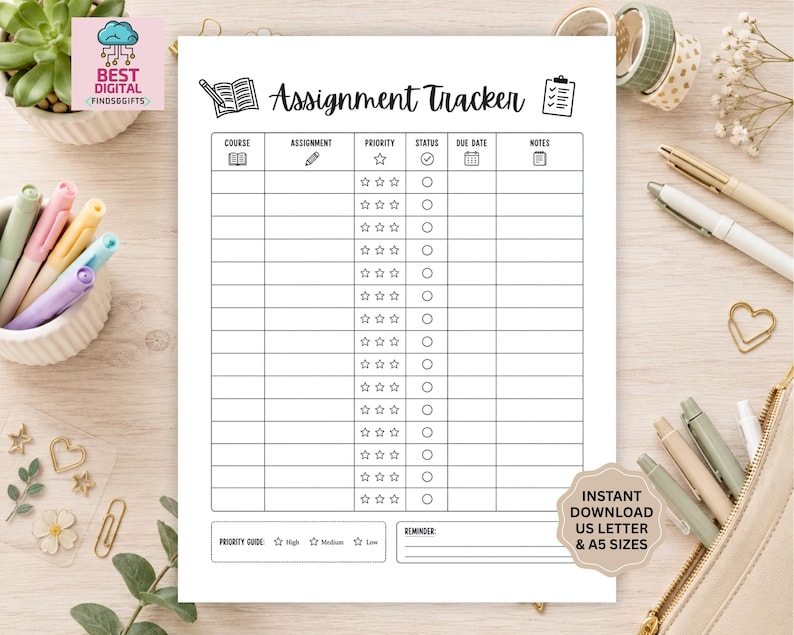 May include: A white assignment tracker sheet with black text and icons. The table includes columns for course, assignment, priority with star icons, status with circles, due date, and notes. It features a priority guide and a reminder section.