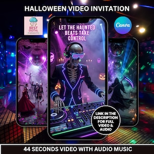 以下が含まれることがあります： ハロウィンのデジタルビデオ招待状。ネオンのスーツを着た骸骨のDJ、骸骨たちが踊るダンスフロア、死神が表示された3台のスマートフォン。テキスト：HALLOWEEN VIDEO INVITATION, LET THE HAUNTED BEATS TAKE CONTROL.