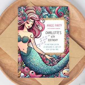 Invitación de cumpleaños de sirena editable Fiesta de cumpleaños de sirena bajo el mar Invitación de la sirenita Fiesta de cumpleaños de sirena caprichosa