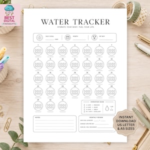 Op de afbeelding: Een wit papieren watertracker-blad met zwarte tekst en afbeeldingen. De lay-out bevat een koptekst, een raster van 31 dagen met waterdruppelpictogrammen voor bijhouden, een hydratatiegids, een notitiesectie en een maandelijkse evaluatie.
