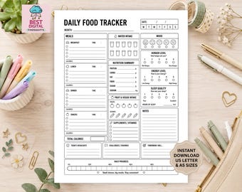 Daily Food Tracker Printable | Meal Planner Template | Nutrition Journal | Food Log | Wellness Planner | Calorie Water Tracker Meal Journal