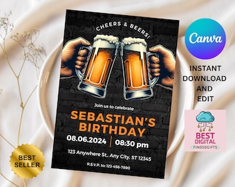 Editable Cheers and Beers Invitation, Beer Invitation, Birthday Invitation for Men, Adult Invite, Printable or Digital Invite,Adult Birthday