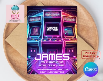 May include: A retro-style birthday invitation with a neon arcade game theme. The invitation features a colorful illustration of three arcade cabinets with the text "You're Invited" and "James is turning 12".