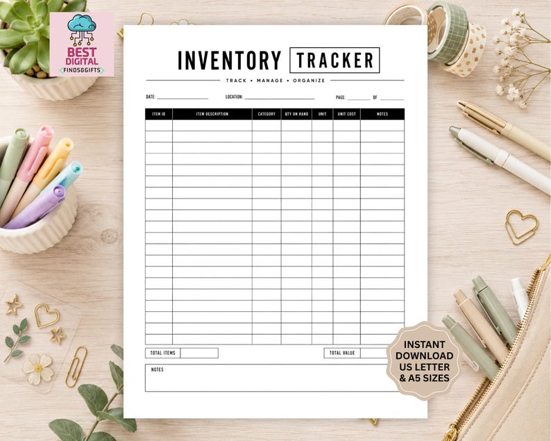 May include: A white inventory tracker sheet with black text and grid lines. The header reads INVENTORY TRACKER, TRACK, MANAGE, ORGANIZE. Columns include Item ID, Item Description, Category, Qty on Hand, Unit, Unit Cost, and Notes. Includes a total items and total value box.