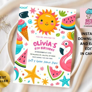 Editable Summer Party, Pool Party Invitation Tropical Splish Splash Pool Party Invitation Summer Swimming Pool Splash Pad Party