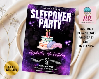 Invito di compleanno per pigiama party, invito stampabile per pigiama party, pigiama party, pigiama party, modello modificabile con luce al neon retrò, download immediato