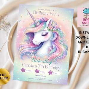 Unicorn Birthday Invitation, Unicorn Invitation, Rainbow Unicorn Birthday Invite, Pastel Unicorn Invitation Printable, Unicorn Invitation