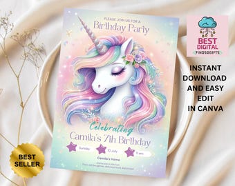 Unicorn Birthday Invitation, Unicorn Invitation, Rainbow Unicorn Birthday Invite, Pastel Unicorn Invitation Printable, Unicorn Invitation