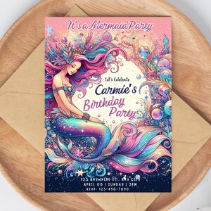 Invitación de cumpleaños de sirena editable Fiesta de cumpleaños de sirena bajo el mar Invitación de la sirenita Fiesta de cumpleaños de sirena caprichosa