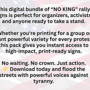Puede incluir: Paquete digital de carteles de manifestaci&oacute;n "NO KING". El texto indica que los carteles son para organizadores y activistas. Los carteles est&aacute;n listos para imprimir y dise&ntilde;ados para ser utilizados en protestas. El fondo presenta una bandera estadounidense estilizada.