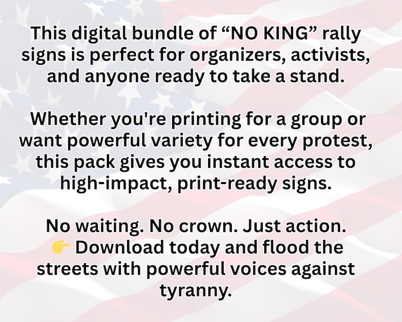 Puede incluir: Paquete digital de carteles de manifestaci&oacute;n "NO KING". El texto indica que los carteles son para organizadores y activistas. Los carteles est&aacute;n listos para imprimir y dise&ntilde;ados para ser utilizados en protestas. El fondo presenta una bandera estadounidense estilizada.