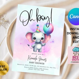 Editable elephant Balloon Baby Shower Invitation, Baby Shower Invite, elephant Baby Shower, elephant ballon invite, baby shower, elephant