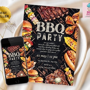 Può includere: Un invito digitale per una festa barbecue con illustrazioni di cibo alla griglia, tra cui hamburger, costine e pannocchie di mais. L'invito è su uno sfondo nero con le parole "BBQ PARTY". Uno smartphone mostra lo stesso invito.