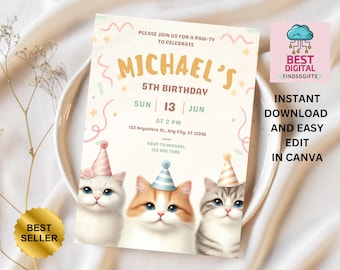 Editable Cat Birthday Invitation, Cat Theme Birthday Invitation, Are You Kitten Me Birthday, Paw-ty Birthday Invite