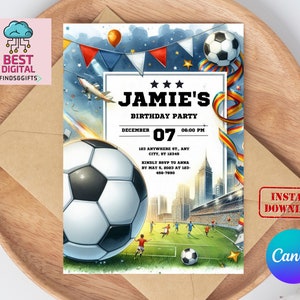 Bearbeitbare Fußball-Geburtstagseinladung Digital, Fußballparty einladen, Fußball-Geburtstag Evite, bearbeitbare Canva-Vorlage, lass uns Spaß haben