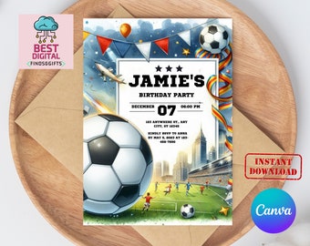 Editable Soccer Birthday Invitation Digital, Soccer Party Invite, Football Birthday Evite, Editable Canva Template, Let&#39;s Kick Up Some Fun