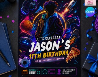 Teen Boy Birthday Invitation, Gaming Birthday Party Invite, Video Game Birthday Invitation, Sports Gamer Party Evite, Tween Party Invite