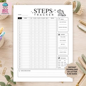 May include: A white paper steps tracker template with black text and lines. The header reads STEPS TRACKER with a sneaker icon. It includes a 31-day log, columns for step ranges, a goals section, a summary area, and a step guide. Text includes INSTANT DOWNLOAD US LETTER & A5 SIZES.