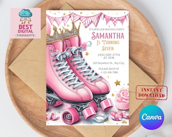 Skate Party Birthday Invitation, Party Invitation, Roller Skating, Editable Canva Template, Roller Skate Party Invite, Skate Party invite