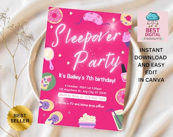 Uitnodiging slaapfeestje, sleepover uitnodigen, sleepover verjaardagsfeestje, sleepover meisje, digitale download, Instant Download, bewerkbaar