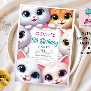 Puede incluir: Una invitación imprimible para una fiesta de cumpleaños número 5 con una ilustración de dibujos animados de cuatro gatitos blancos con ojos coloridos. La invitación está decorada con colores rosa y turquesa e incluye el texto "Estás invitado a la fiesta de cumpleaños número 5 de Olivia".