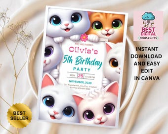 Editable Cat Birthday Invitation, Cat Theme Birthday Invitation, Are You Kitten Me Birthday, Paw-ty Birthday Invite