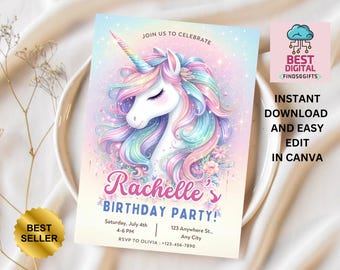 Unicorn Birthday Invitation, Unicorn Invitation, Rainbow Unicorn Birthday Invite, Pastel Unicorn Invitation Printable, Unicorn Invitation