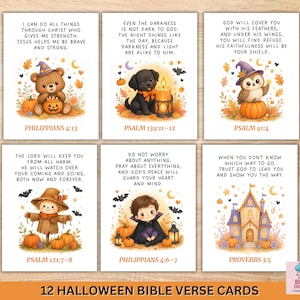 May include: Six rectangular cards featuring Halloween-themed illustrations and Bible verses. Designs include a bear, a puppy, an owl, a scarecrow, a child in a vampire costume, and a house, all surrounded by pumpkins, autumn leaves, and bats.