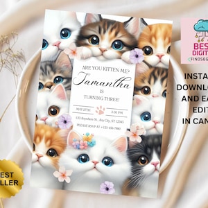 Redigerbar kattfödelsedagsinbjudan, katttema-födelsedagsinbjudan, Är du kattunge jag-födelsedag, Paw-ty-födelsedagsinbjudan