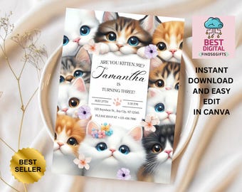 Editable Cat Birthday Invitation, Cat Theme Birthday Invitation, Are You Kitten Me Birthday, Paw-ty Birthday Invite