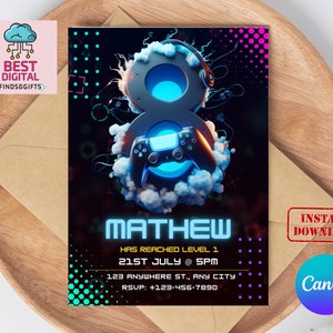 May include: A blue and black video game themed birthday invitation for Mathew's 8th birthday. The invitation features a blue and black video game controller with a blue glowing light. The text on the invitation reads "Mathew has reached level 1, 21st July @ SPM, 123 Anywhere St., Any City, RSVP: +123-456-7890".