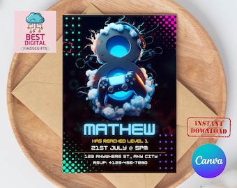 8th Birthday Invitation, Editable Video Game Party Invitation, Level Up Birthday Invite, Gamer Boy Template, Arcade Party, 5x7 Canva CM2