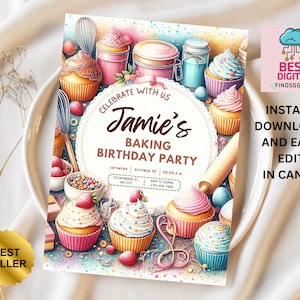 Convite editável para festa de aniversário de cozimento, convite para festa de cozimento, convite de aniversário para cozinhar, convite para cozimento, convite para doces, convite para cozimento