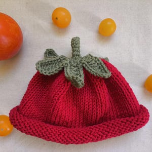 Handknit cotton tomato hat for baby size 0-6m/6-12m/12-18m/2-3 years/3-5 years