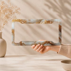 White Gold Marble License Plate Frame, Luxury Aluminum Car Accessory Tag Holder