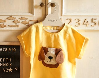 Camiseta de linho com estampa de beagle: detalhe de bolso 3D, roupa infantil.