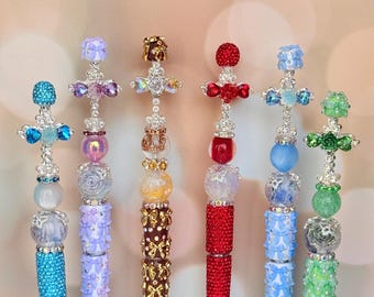 Bolígrafo con cruz de cristal y cuentas, mango de diamantes de imitación, regalo inspirador para escribir