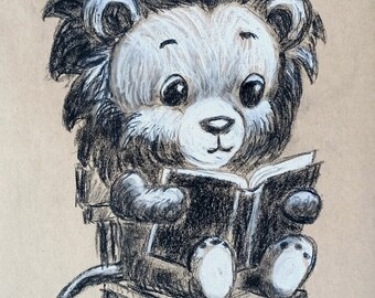 Cute lion bibliophile: children’s room decoration, charcoal and chalk