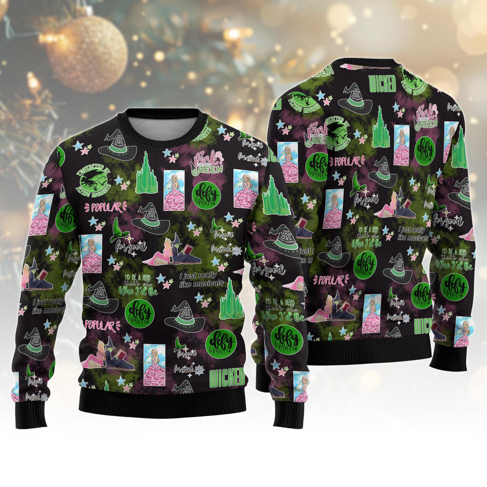 Discover Wicked Pink And Green Ugly Christmas Sweater,  Changed For Good Xmas Sweater, Wicked Musical Movie Fan Xmas Gift