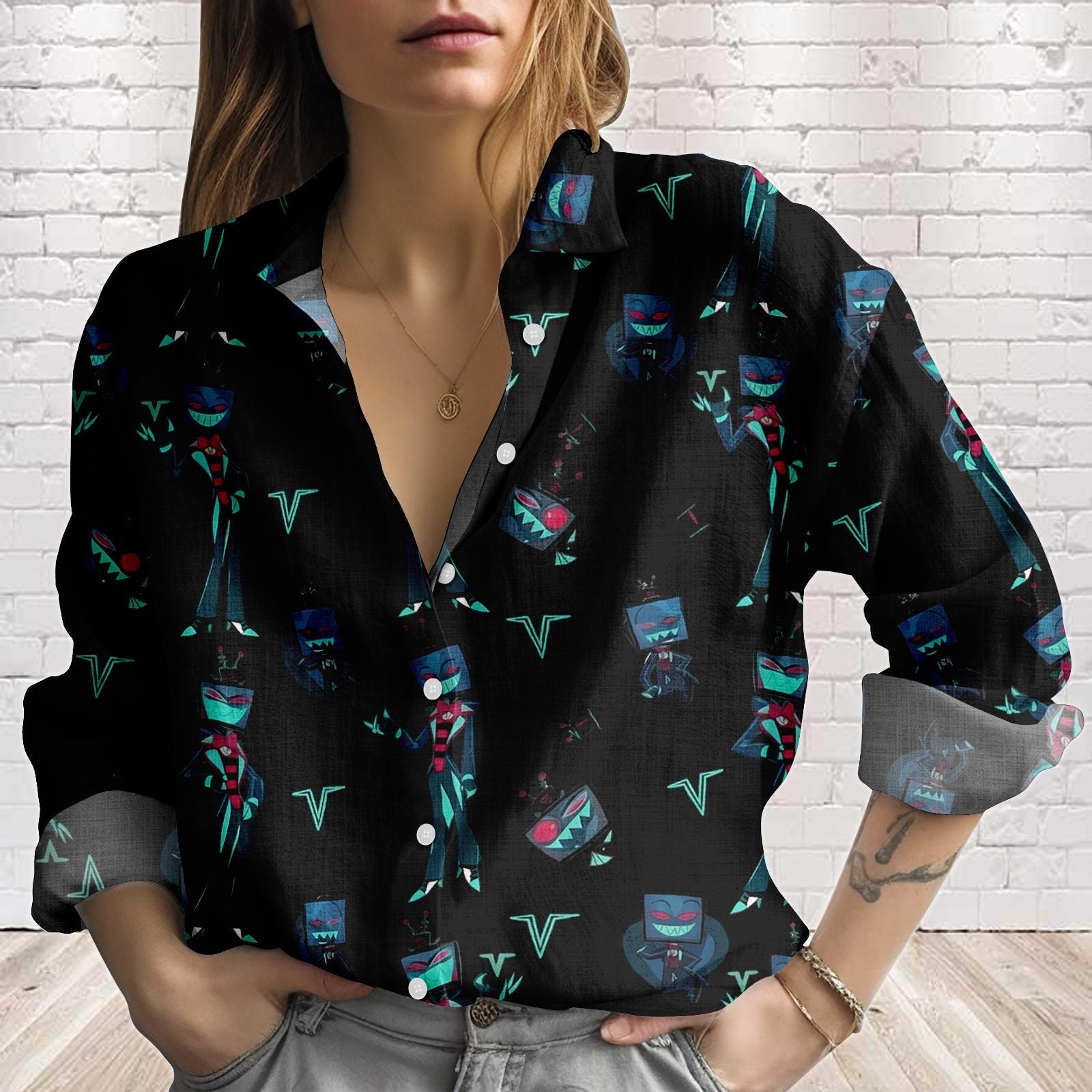 Discover Hazbin Hotel Vox Blouse Shirt, Hazbin Hotel Casual Shirt, Angel Dust Women Shirt, Vox Fan Shirt, Gift For Her