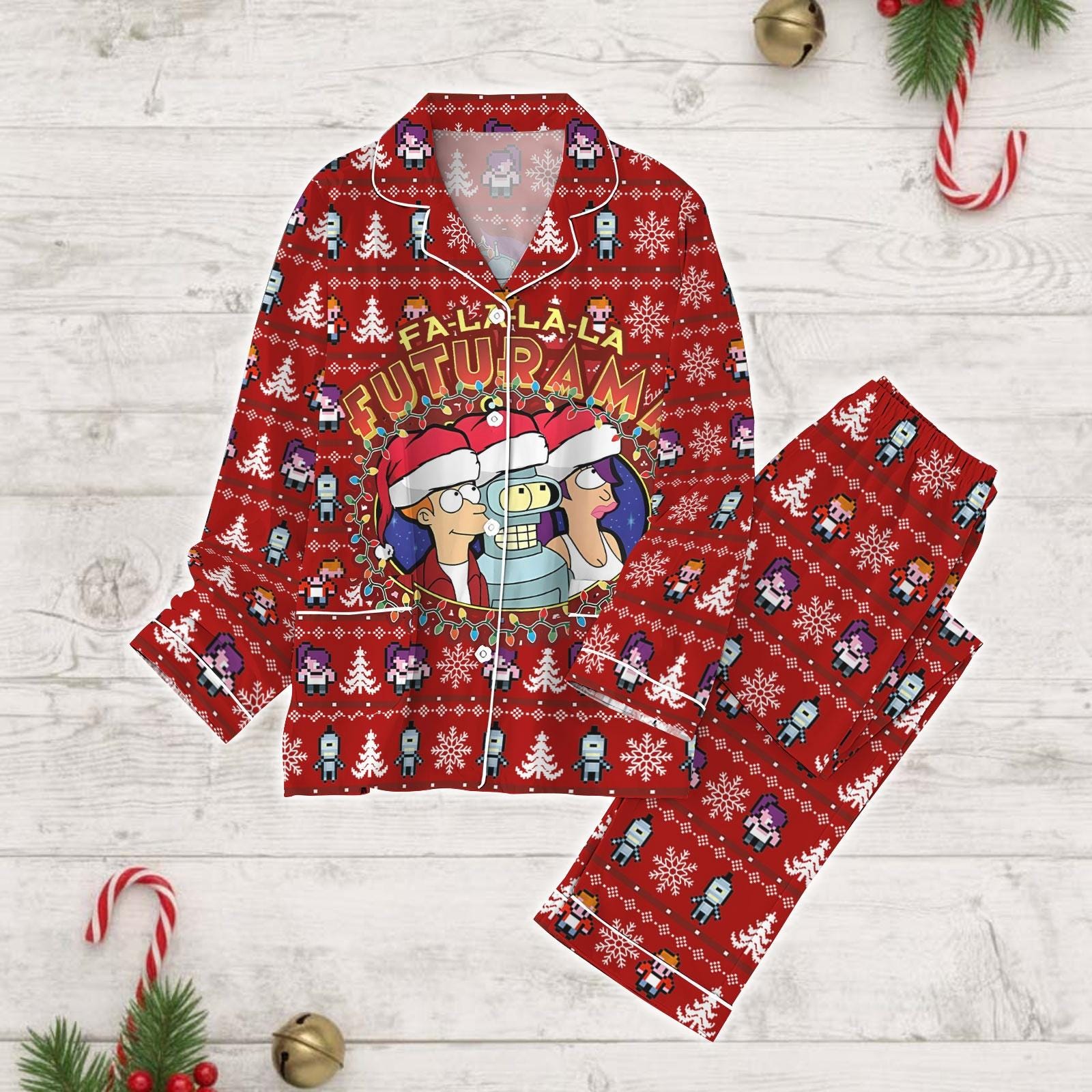 Discover Fa-La-La-La Futurama Christmas Pajamas Set, Futurama Tv Series Xmas Pajamas, Leela Bender Philip J. Fry Santa Hat, Xmas Party Gift
