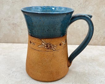 Vintage 2003 Artist Signed Nelson Studio Pottery Sea Life Mug 14 Fl Oz Teal