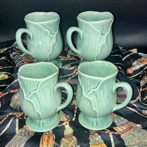 1970's Metlox Pottery Poppytrails Lotus / Cabbage Pattern Jade Coffee Mugs