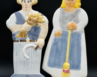 Vintage Towle Sigma Farmer Couple Wall Hangings Les Artisans Japan 1983