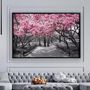 桜のキャンバス、桜のポスター、黒、白、ピンクの日本画、5ピースのキャンバスウォールアート、すぐに掛けられます