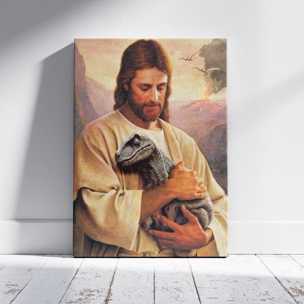 Jesus Love And Protect The Raptor Baby Treasure Canvas wall Art, Christian Gift, Baby Dinosaurs Wall Art, Framed art, Ready to Hang