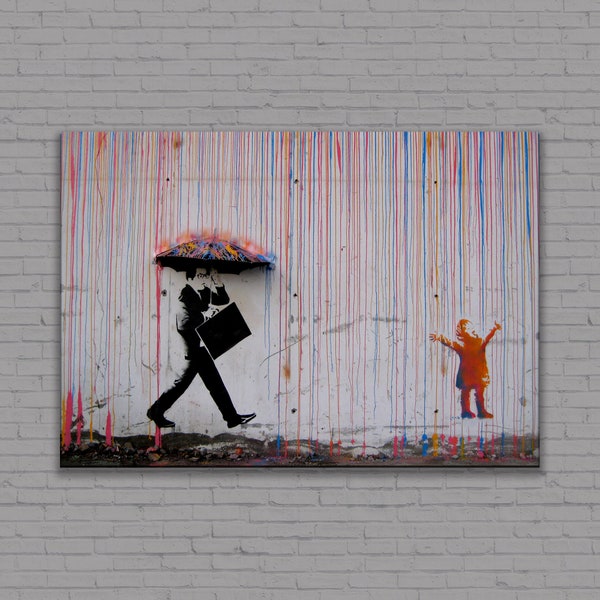 Banksy - Umbrella Man - Rainbow Rain - canvas Printing Wall Art - Graffiti, Home Decor - Office Decor - Canvas Wall Art, Gift, Ready to Hang