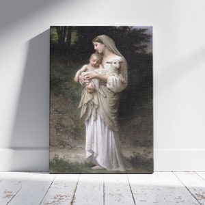 William Adolphe Bouguereau Arte de parede em tela, L'innocence. Pastora com bebê e cordeiro Impressão, Cordeiro de Deus, arte religiosa de parede, arte antiga.